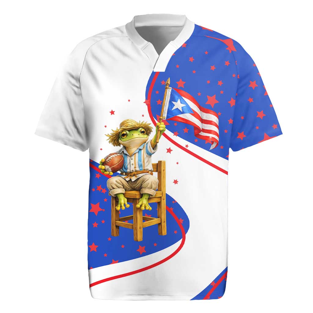 Puerto Rico Coquí Frog Football Fan Rugby Jersey Whimsical Cartoon Style with Patriotic Elements