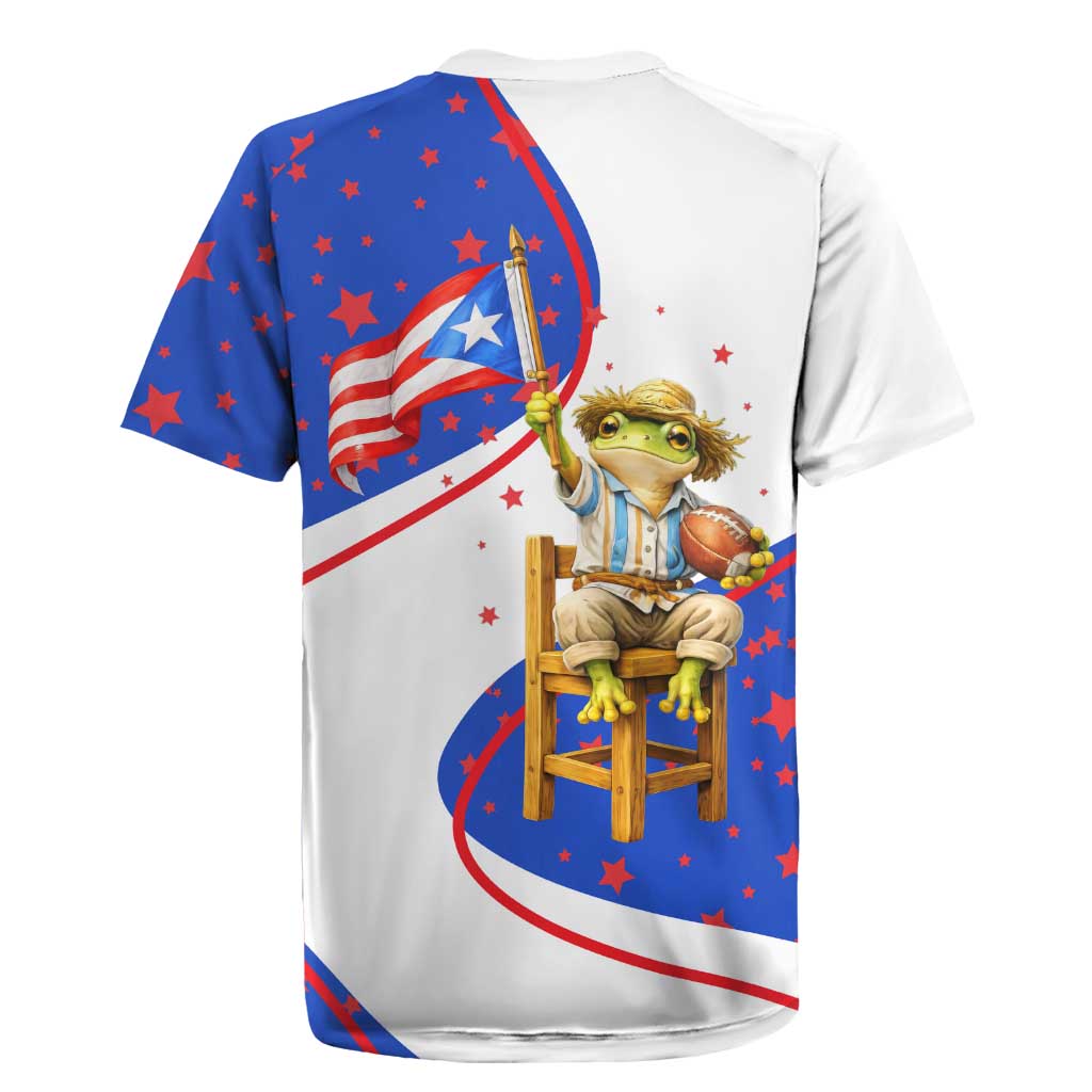 Puerto Rico Coquí Frog Football Fan Rugby Jersey Whimsical Cartoon Style with Patriotic Elements