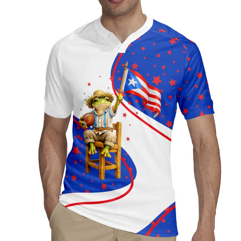 Puerto Rico Coquí Frog Football Fan Rugby Jersey Whimsical Cartoon Style with Patriotic Elements