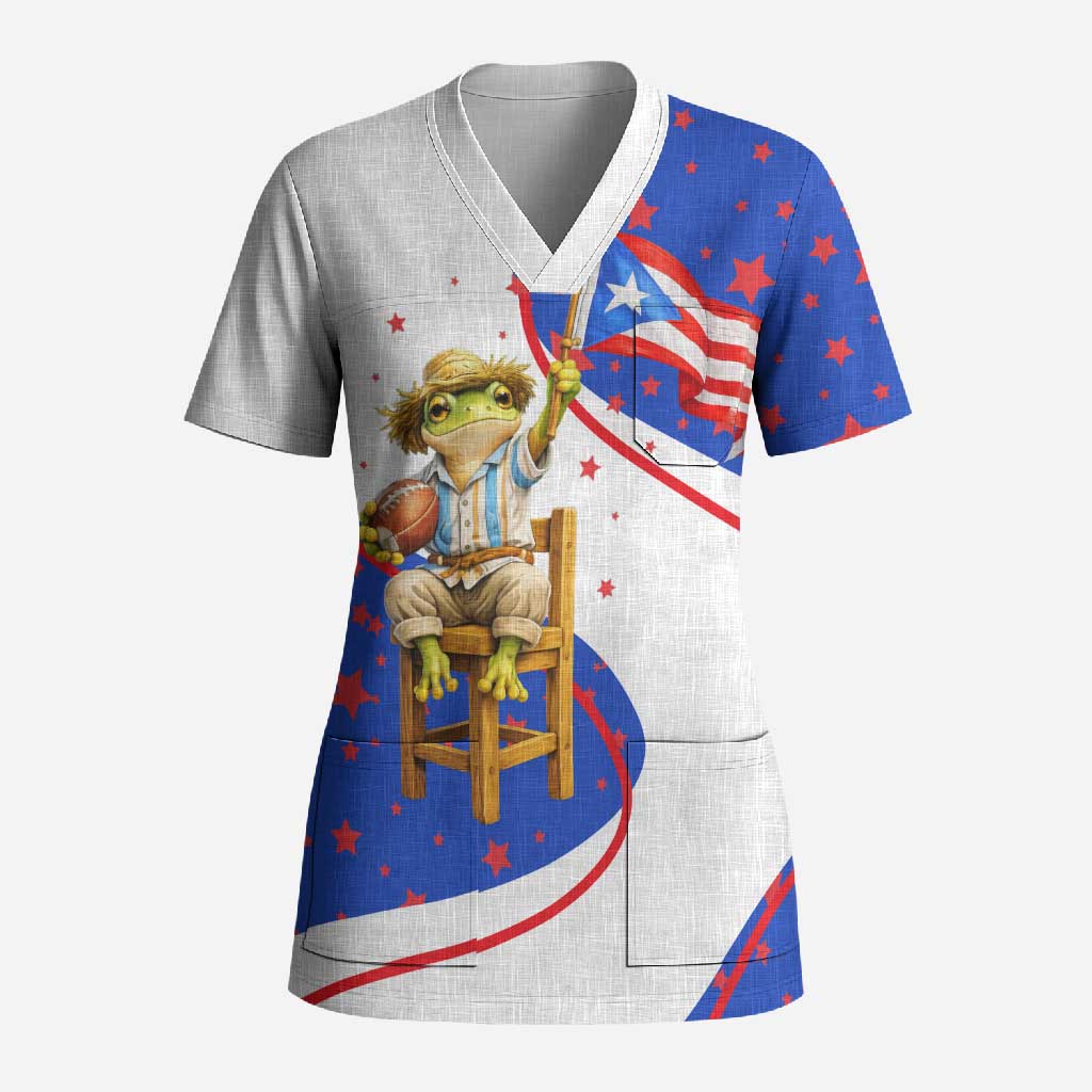 Puerto Rico Coquí Frog Football Fan Scrub Top Whimsical Cartoon Style with Patriotic Elements