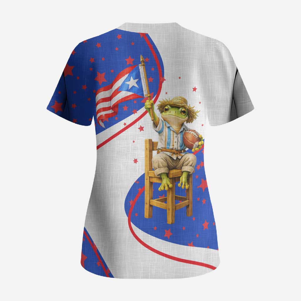 Puerto Rico Coquí Frog Football Fan Scrub Top Whimsical Cartoon Style with Patriotic Elements
