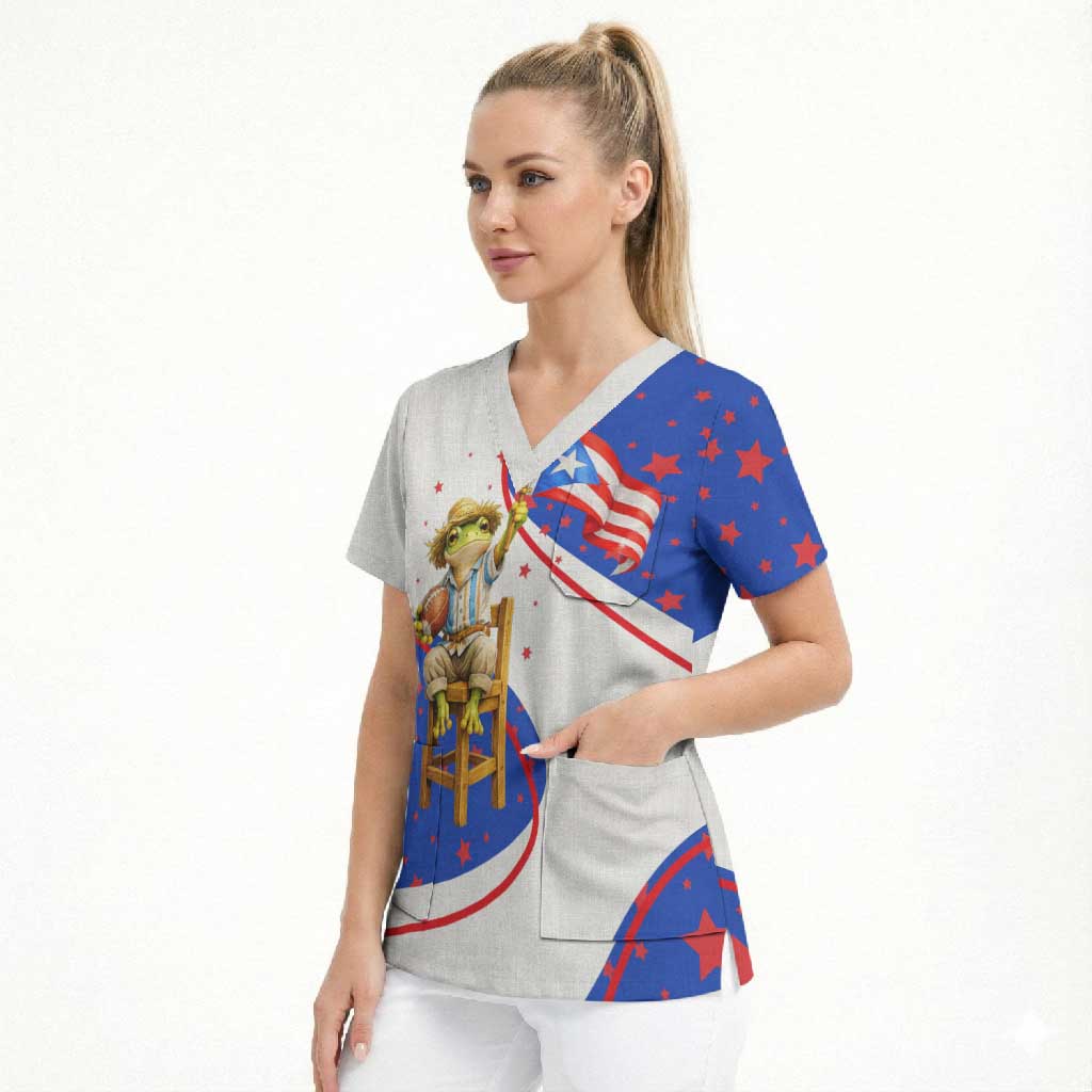 Puerto Rico Coquí Frog Football Fan Scrub Top Whimsical Cartoon Style with Patriotic Elements