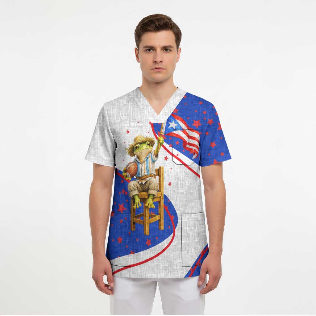 Puerto Rico Coquí Frog Football Fan Scrub Top Whimsical Cartoon Style with Patriotic Elements