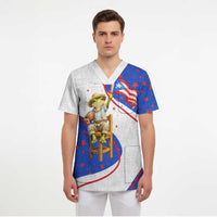 Puerto Rico Coquí Frog Football Fan Scrub Top Whimsical Cartoon Style with Patriotic Elements