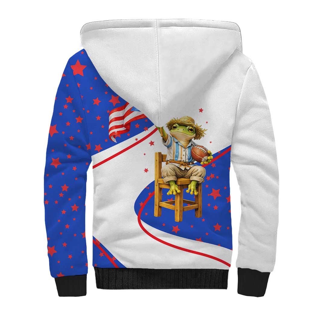 Puerto Rico Coquí Frog Football Fan Sherpa Hoodie Whimsical Cartoon Style with Patriotic Elements