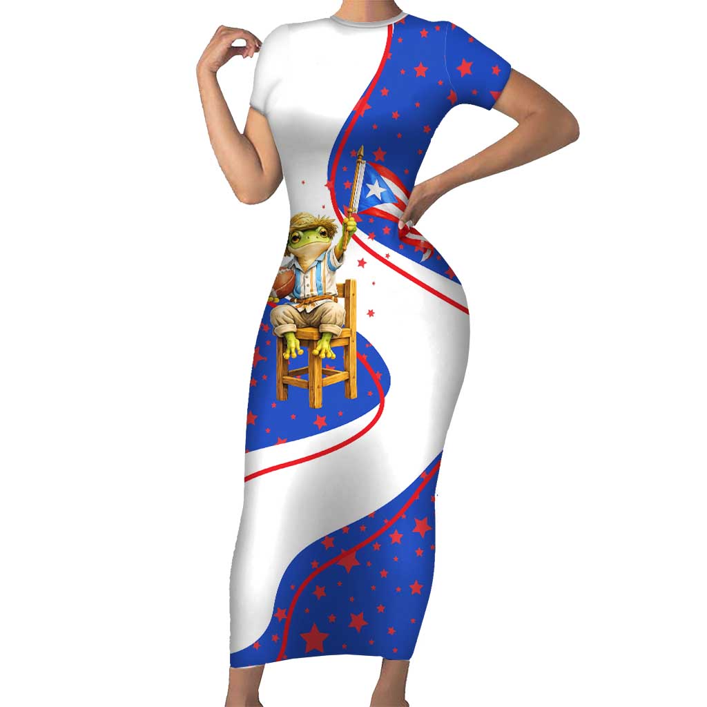 Puerto Rico Coquí Frog Football Fan Short Sleeve Bodycon Dress Whimsical Cartoon Style with Patriotic Elements