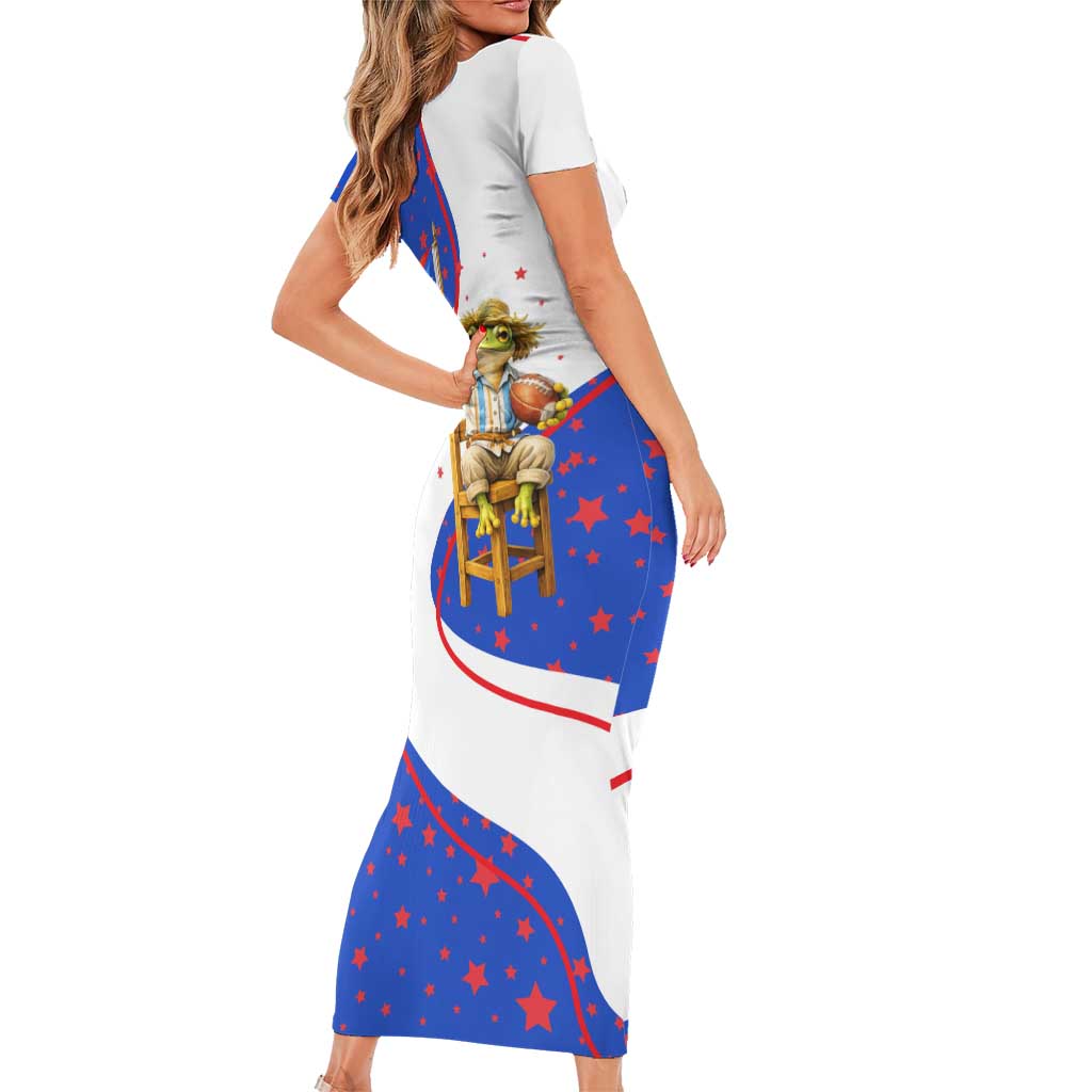 Puerto Rico Coquí Frog Football Fan Short Sleeve Bodycon Dress Whimsical Cartoon Style with Patriotic Elements