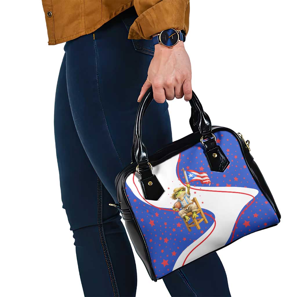 Puerto Rico Coquí Frog Football Fan Shoulder Handbag Whimsical Cartoon Style with Patriotic Elements