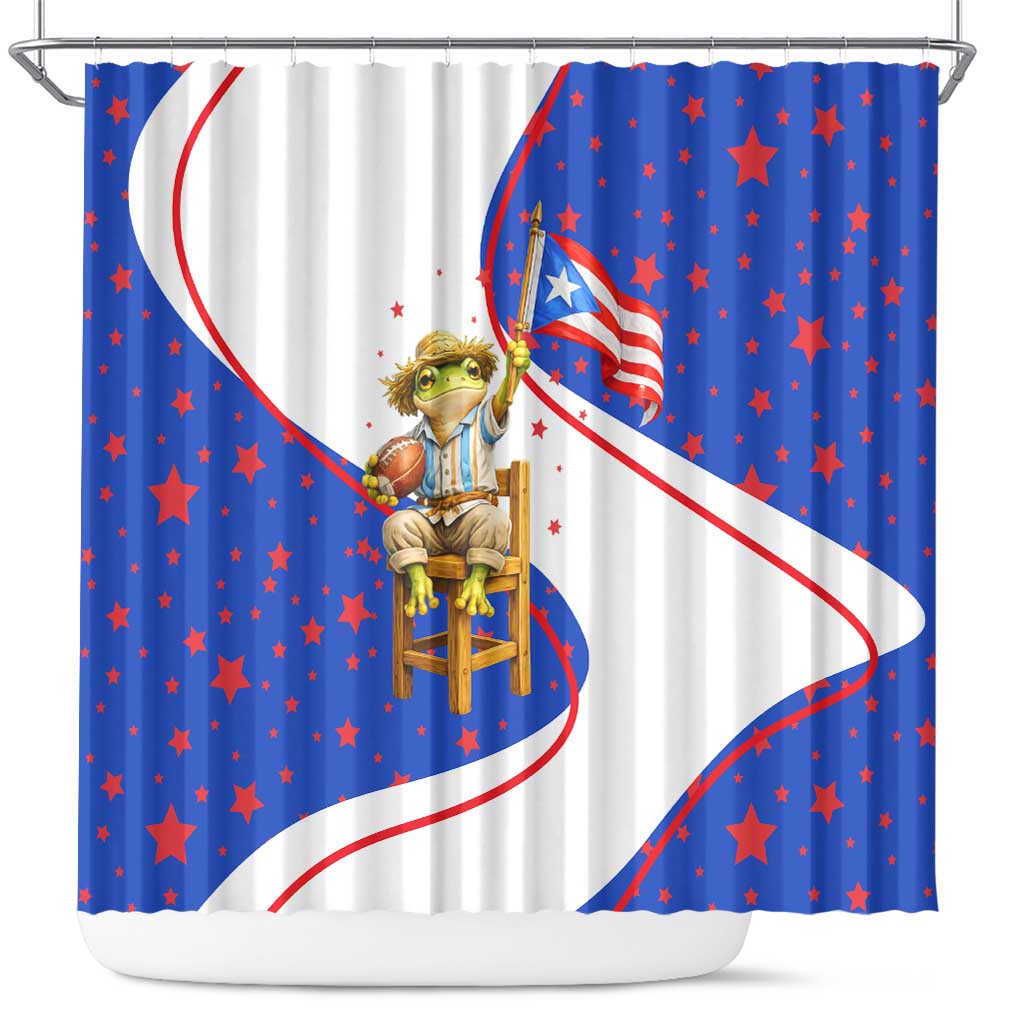 Puerto Rico Coquí Frog Football Fan Shower Curtain Whimsical Cartoon Style with Patriotic Elements