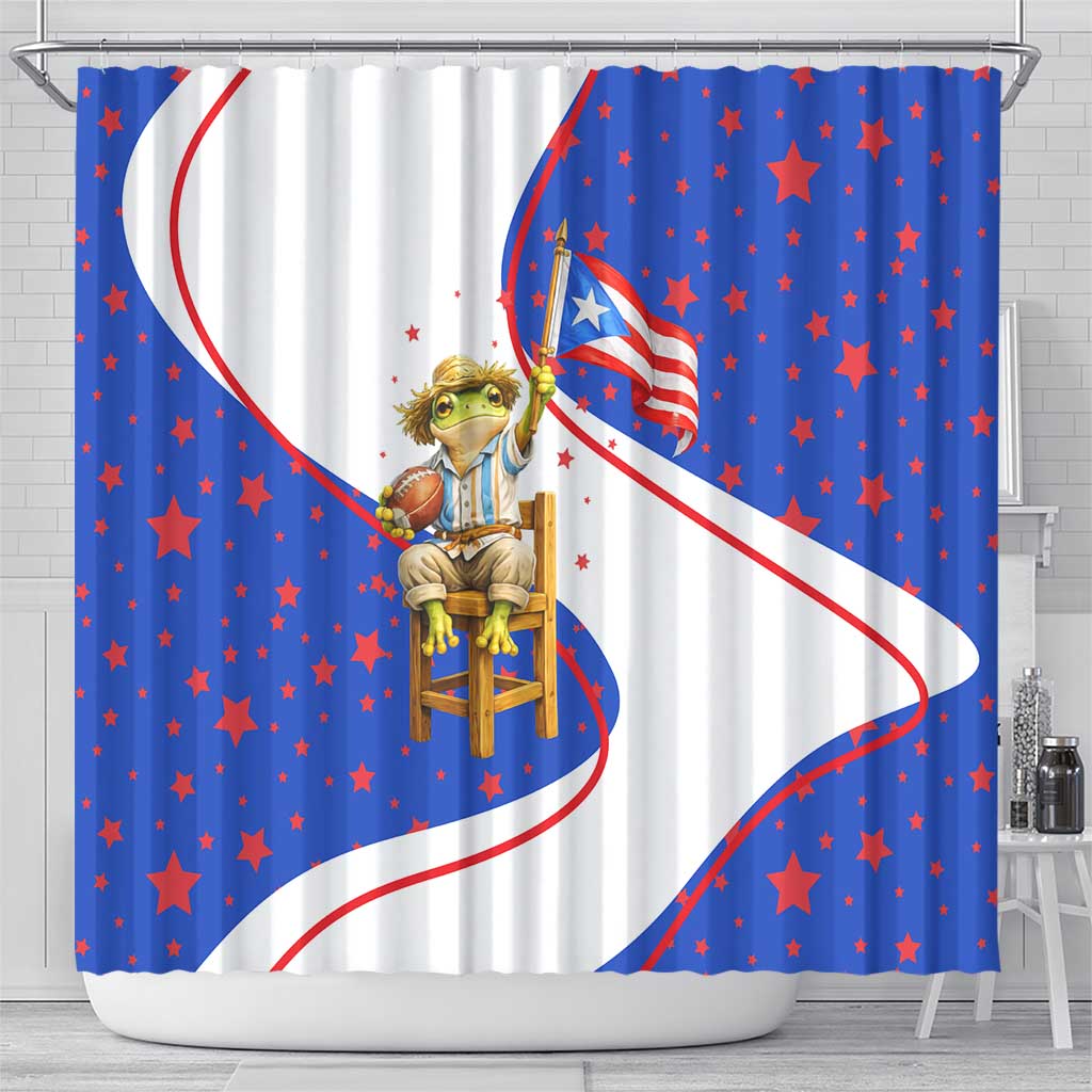 Puerto Rico Coquí Frog Football Fan Shower Curtain Whimsical Cartoon Style with Patriotic Elements