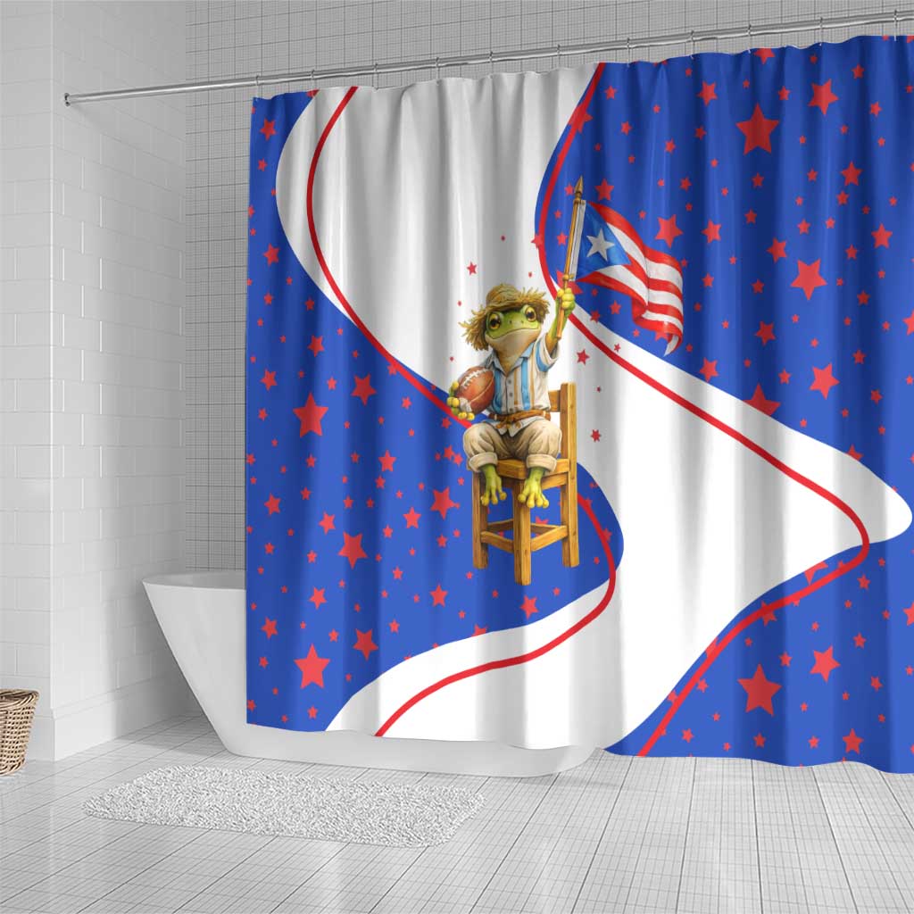 Puerto Rico Coquí Frog Football Fan Shower Curtain Whimsical Cartoon Style with Patriotic Elements