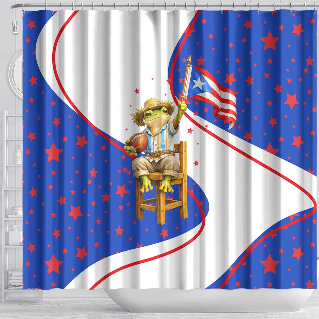 Puerto Rico Coquí Frog Football Fan Shower Curtain Whimsical Cartoon Style with Patriotic Elements
