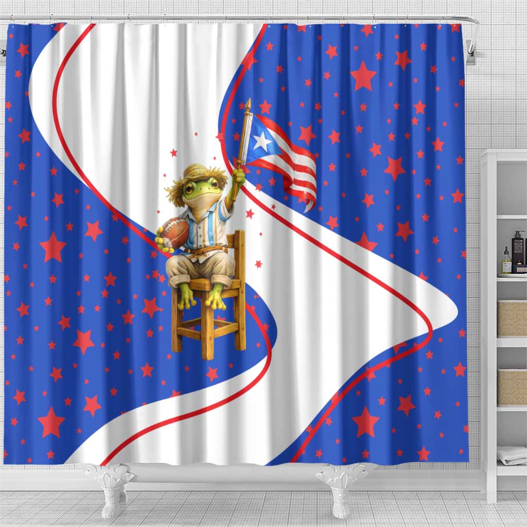 Puerto Rico Coquí Frog Football Fan Shower Curtain Whimsical Cartoon Style with Patriotic Elements
