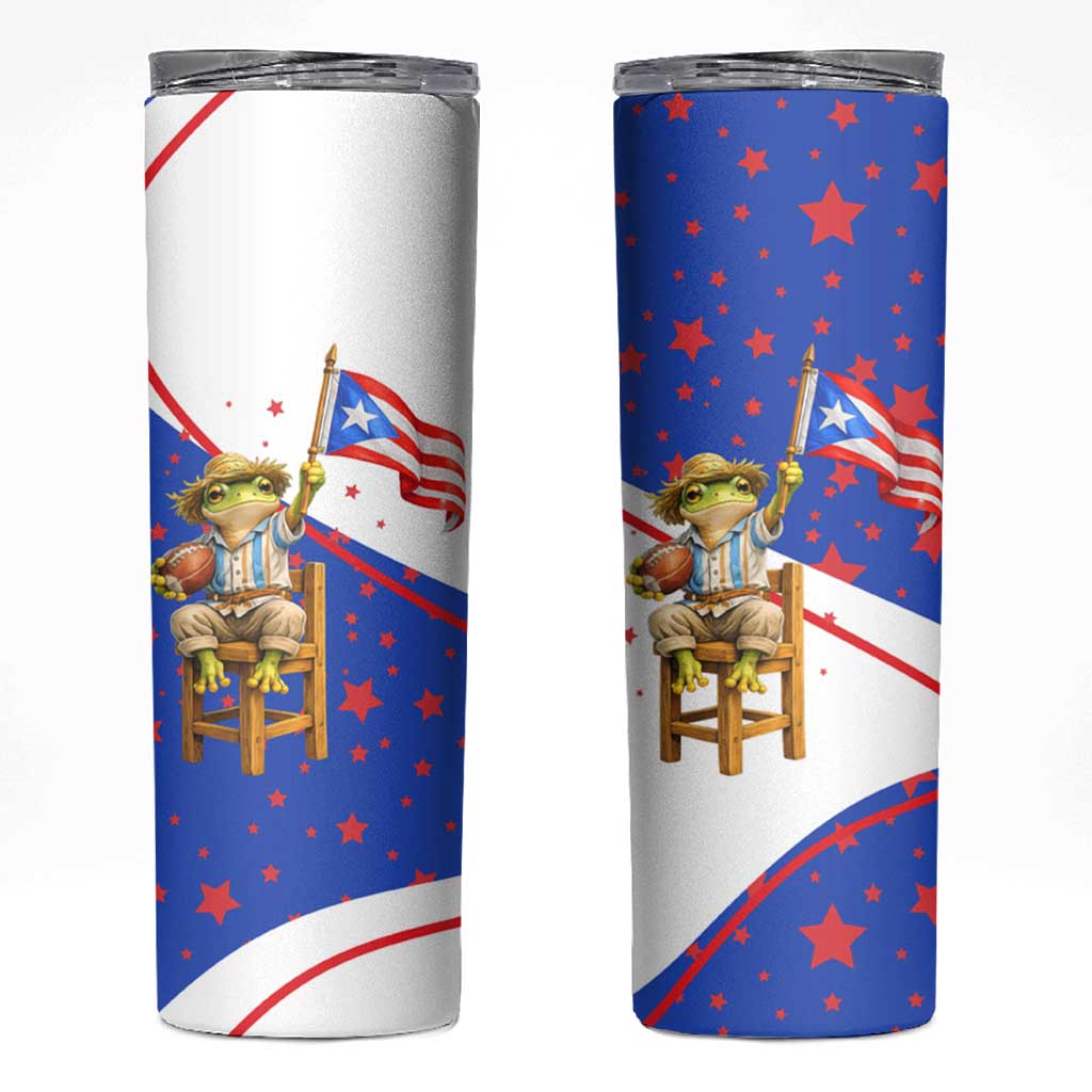 Puerto Rico Coquí Frog Football Fan Skinny Tumbler Whimsical Cartoon Style with Patriotic Elements
