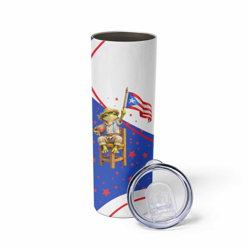 Puerto Rico Coquí Frog Football Fan Skinny Tumbler Whimsical Cartoon Style with Patriotic Elements