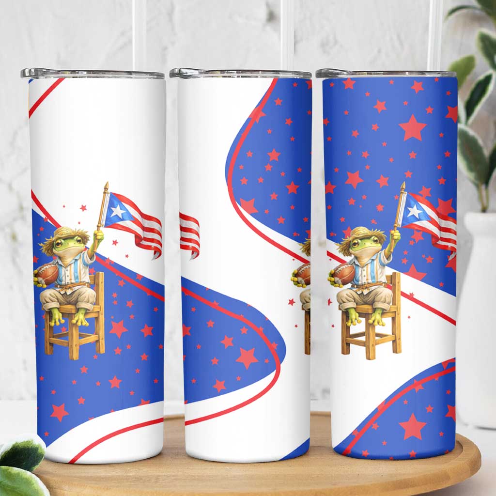 Puerto Rico Coquí Frog Football Fan Skinny Tumbler Whimsical Cartoon Style with Patriotic Elements