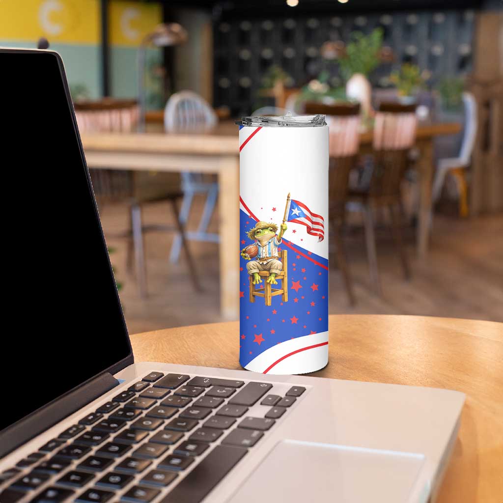 Puerto Rico Coquí Frog Football Fan Skinny Tumbler Whimsical Cartoon Style with Patriotic Elements