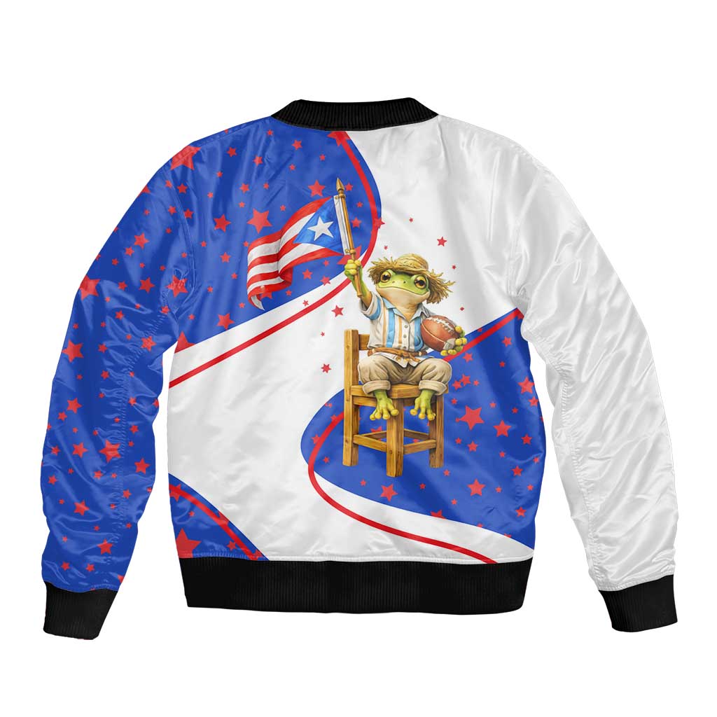 Puerto Rico Coquí Frog Football Fan Sleeve Zip Bomber Jacket Whimsical Cartoon Style with Patriotic Elements
