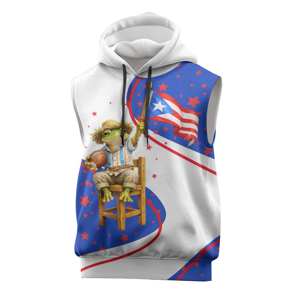 Puerto Rico Coquí Frog Football Fan Sleeveless Hoodie Whimsical Cartoon Style with Patriotic Elements