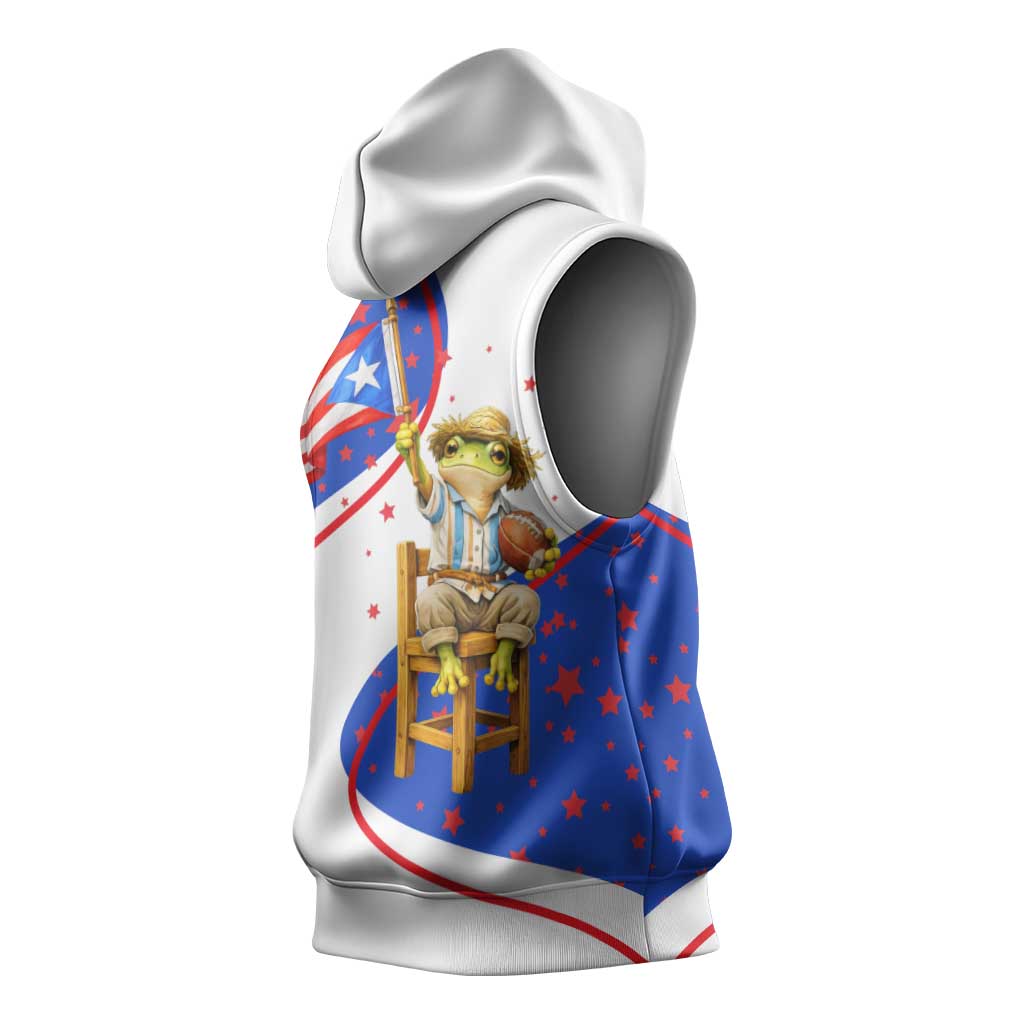 Puerto Rico Coquí Frog Football Fan Sleeveless Hoodie Whimsical Cartoon Style with Patriotic Elements