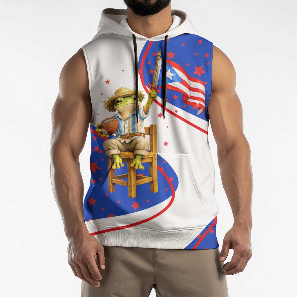 Puerto Rico Coquí Frog Football Fan Sleeveless Hoodie Whimsical Cartoon Style with Patriotic Elements