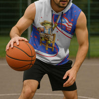 Puerto Rico Coquí Frog Football Fan Sleeveless Hoodie Whimsical Cartoon Style with Patriotic Elements
