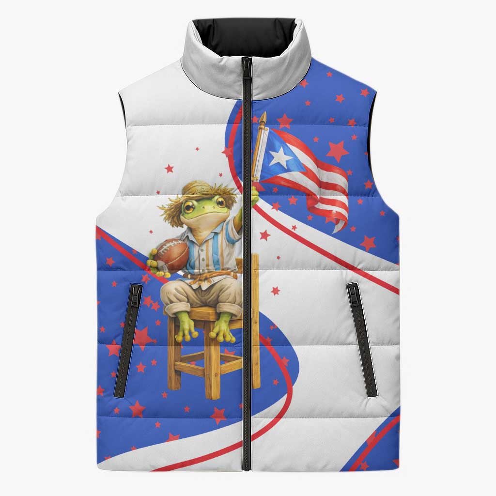 Puerto Rico Coquí Frog Football Fan Sleeveless Puffer Jacket Whimsical Cartoon Style with Patriotic Elements
