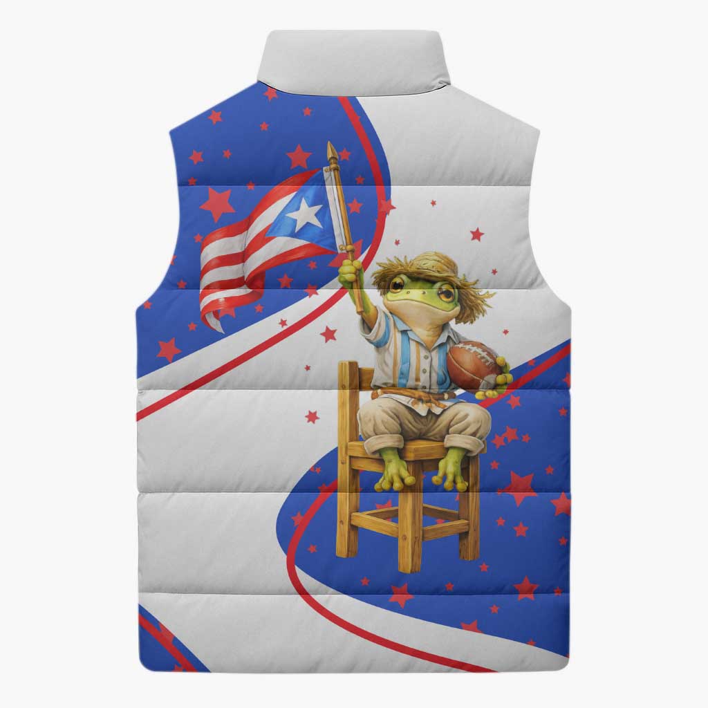 Puerto Rico Coquí Frog Football Fan Sleeveless Puffer Jacket Whimsical Cartoon Style with Patriotic Elements
