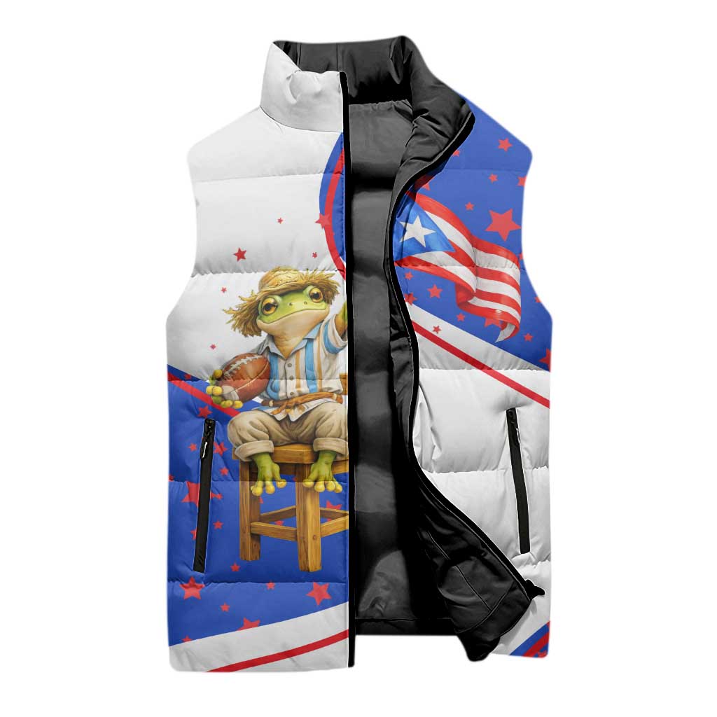 Puerto Rico Coquí Frog Football Fan Sleeveless Puffer Jacket Whimsical Cartoon Style with Patriotic Elements