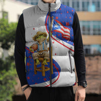 Puerto Rico Coquí Frog Football Fan Sleeveless Puffer Jacket Whimsical Cartoon Style with Patriotic Elements
