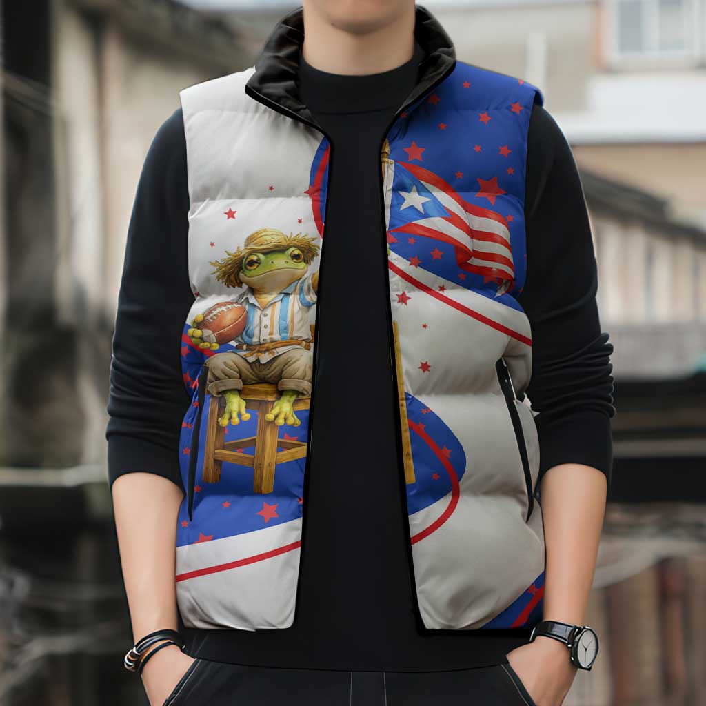 Puerto Rico Coquí Frog Football Fan Sleeveless Puffer Jacket Whimsical Cartoon Style with Patriotic Elements