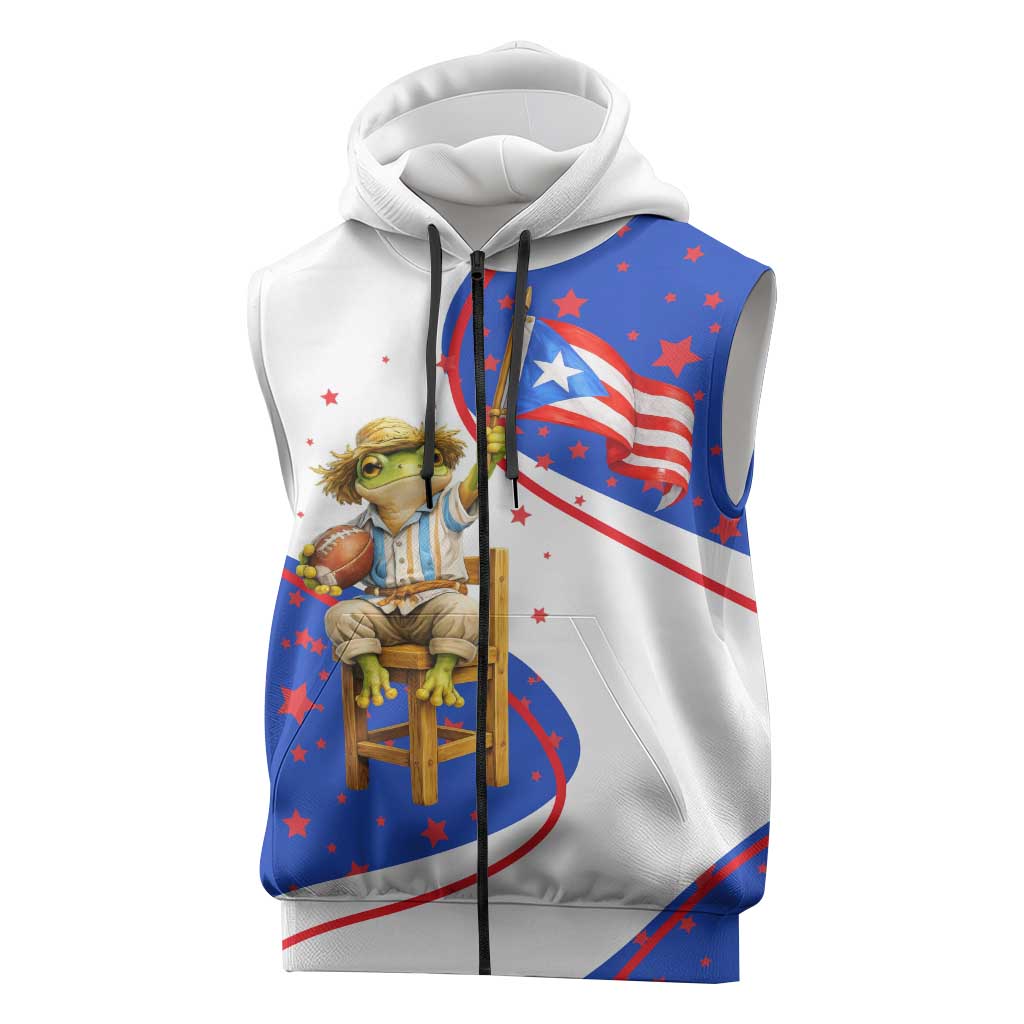 Puerto Rico Coquí Frog Football Fan Sleeveless Zip Hoodie Whimsical Cartoon Style with Patriotic Elements