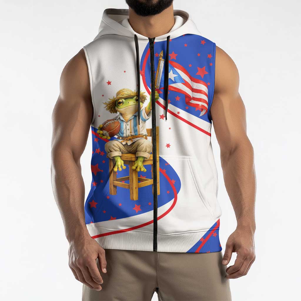Puerto Rico Coquí Frog Football Fan Sleeveless Zip Hoodie Whimsical Cartoon Style with Patriotic Elements