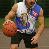 Puerto Rico Coquí Frog Football Fan Sleeveless Zip Hoodie Whimsical Cartoon Style with Patriotic Elements
