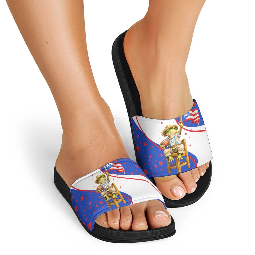 Puerto Rico Coquí Frog Football Fan Slide Sandals Whimsical Cartoon Style with Patriotic Elements