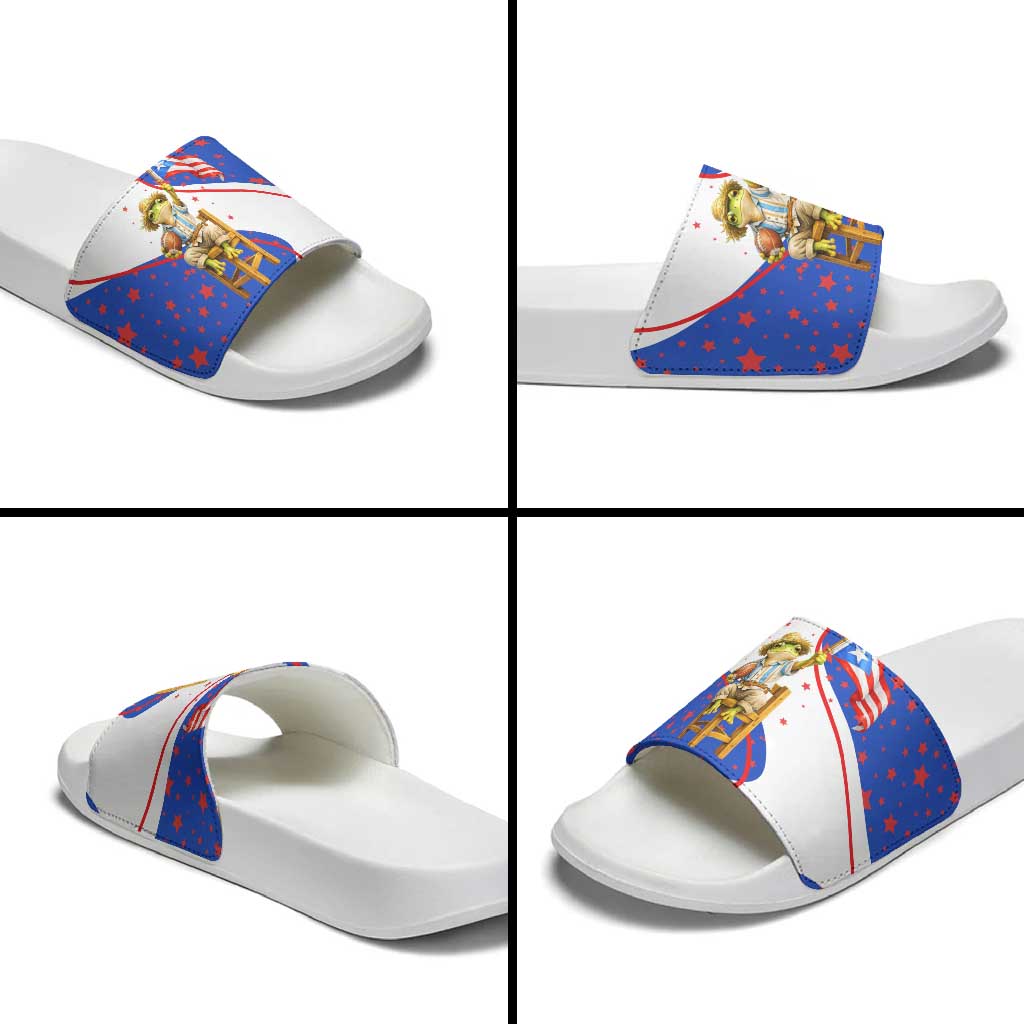 Puerto Rico Coquí Frog Football Fan Slide Sandals Whimsical Cartoon Style with Patriotic Elements