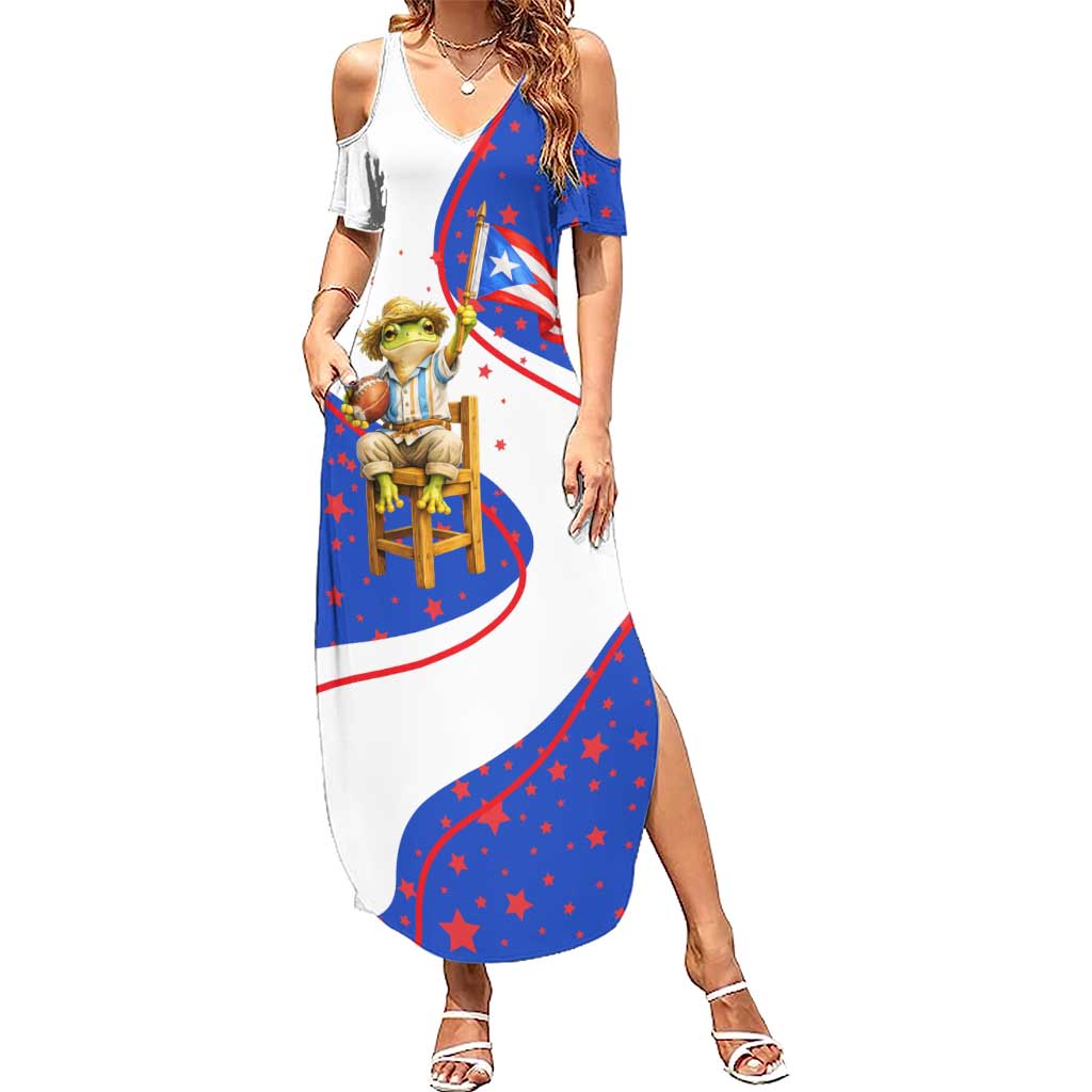 Puerto Rico Coquí Frog Football Fan Summer Maxi Dress Whimsical Cartoon Style with Patriotic Elements