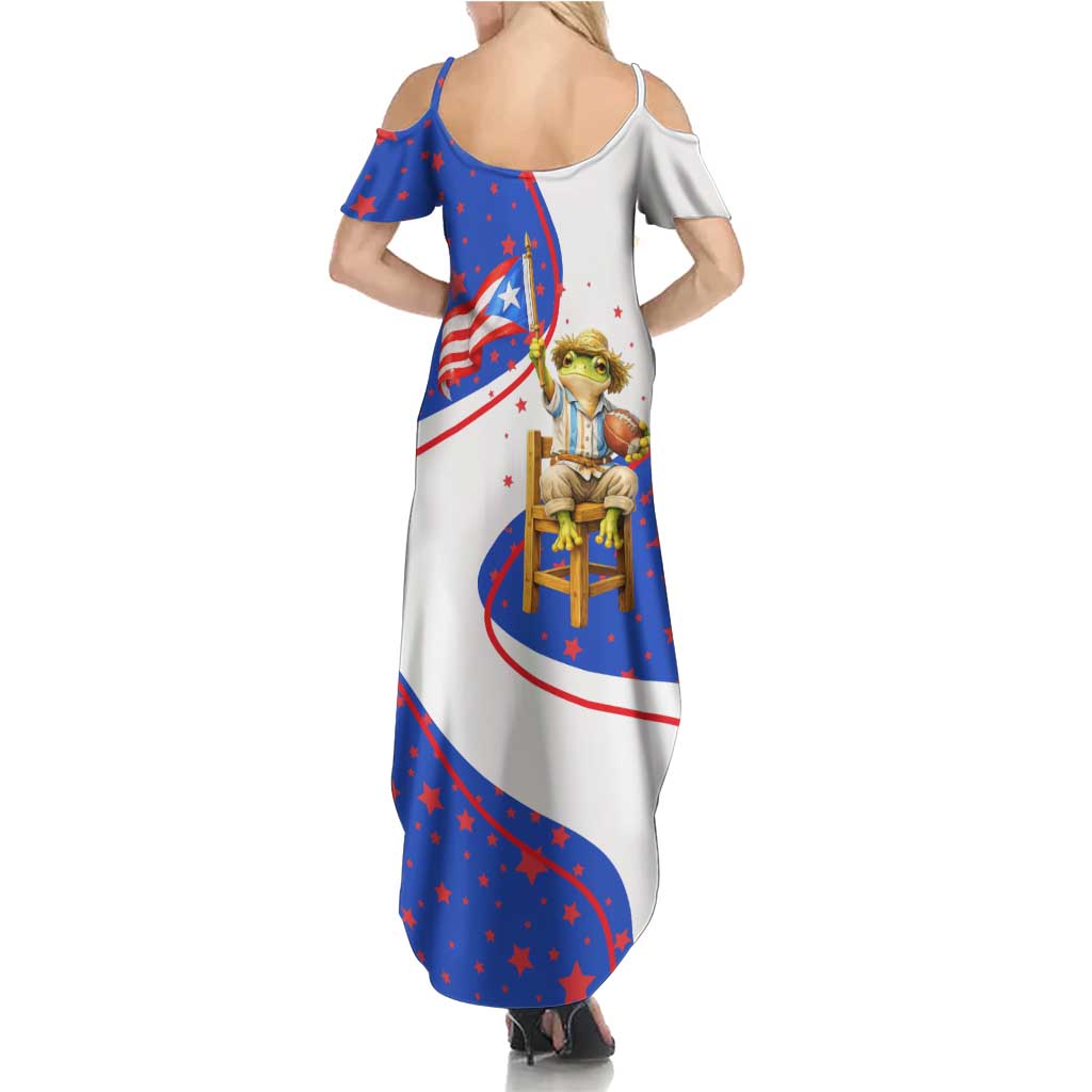 Puerto Rico Coquí Frog Football Fan Summer Maxi Dress Whimsical Cartoon Style with Patriotic Elements