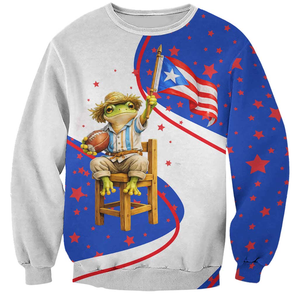 Puerto Rico Coquí Frog Football Fan Sweatshirt Whimsical Cartoon Style with Patriotic Elements