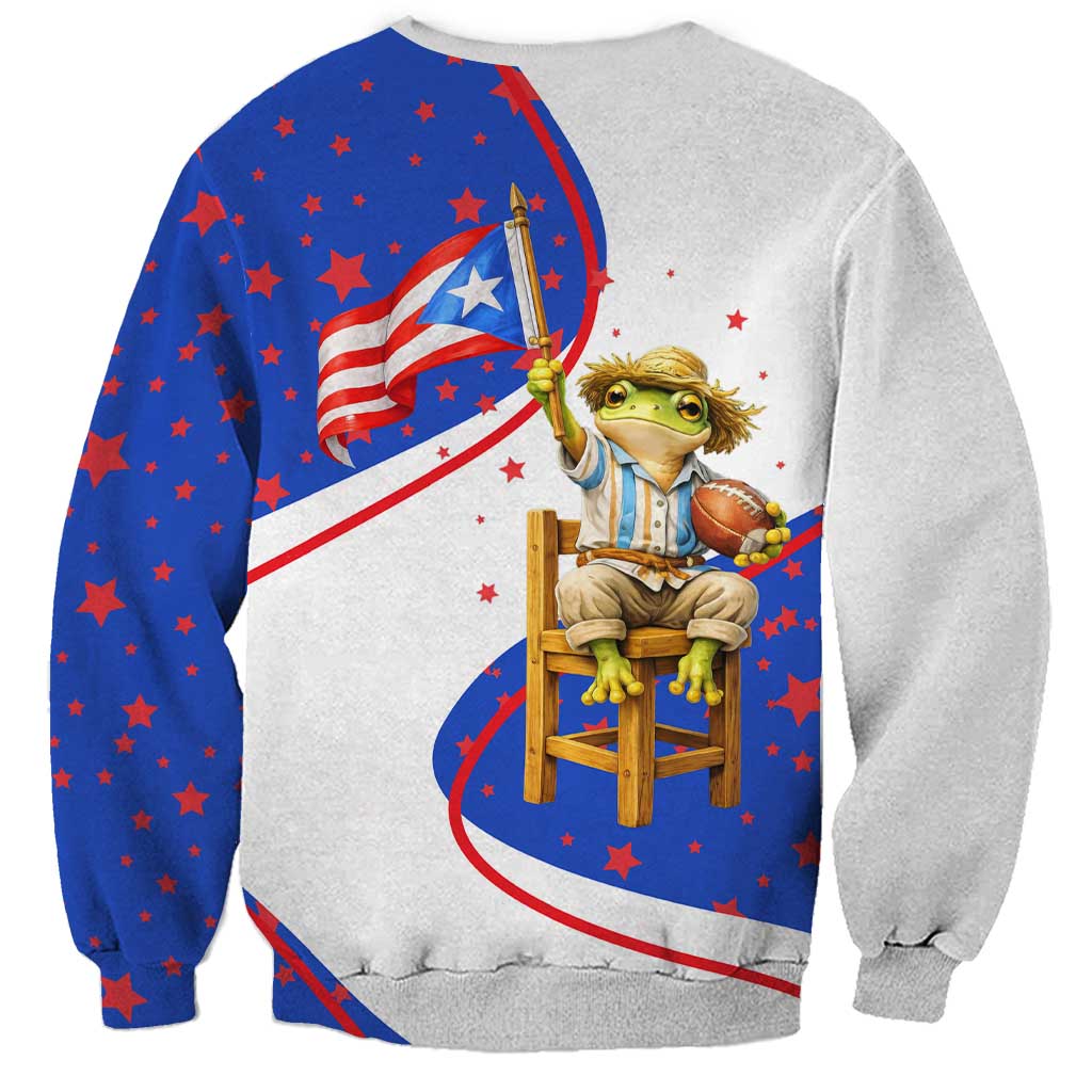 Puerto Rico Coquí Frog Football Fan Sweatshirt Whimsical Cartoon Style with Patriotic Elements
