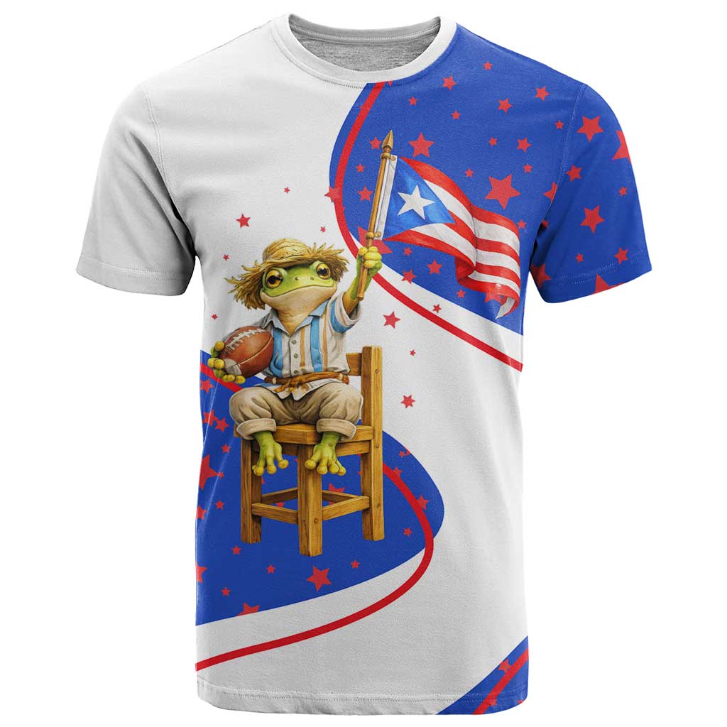 Puerto Rico Coquí Frog Football Fan T Shirt Whimsical Cartoon Style with Patriotic Elements