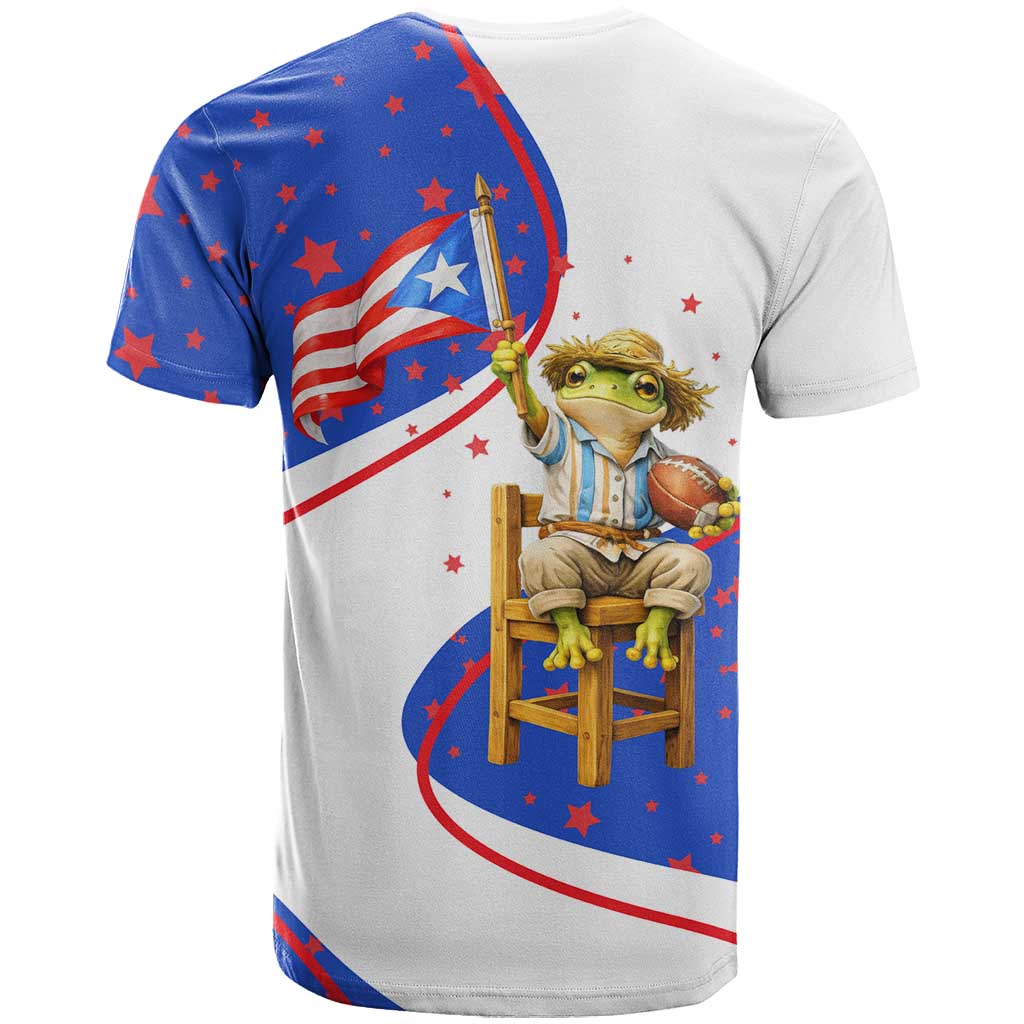 Puerto Rico Coquí Frog Football Fan T Shirt Whimsical Cartoon Style with Patriotic Elements