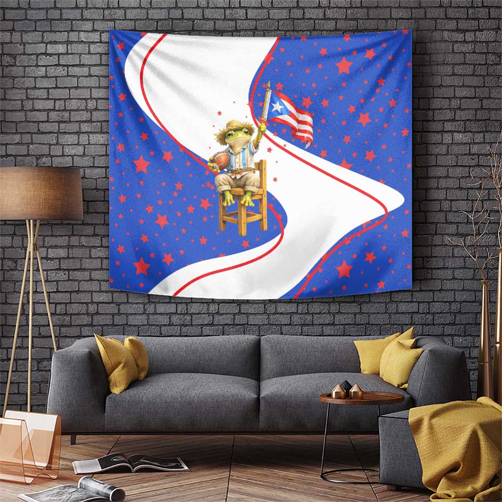 Puerto Rico Coquí Frog Football Fan Tapestry Whimsical Cartoon Style with Patriotic Elements