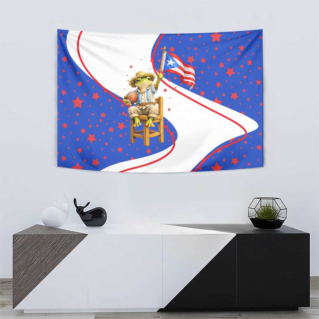 Puerto Rico Coquí Frog Football Fan Tapestry Whimsical Cartoon Style with Patriotic Elements