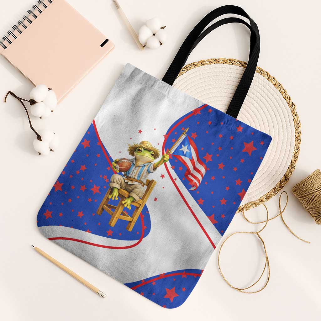 Puerto Rico Coquí Frog Football Fan Tote Bag Whimsical Cartoon Style with Patriotic Elements