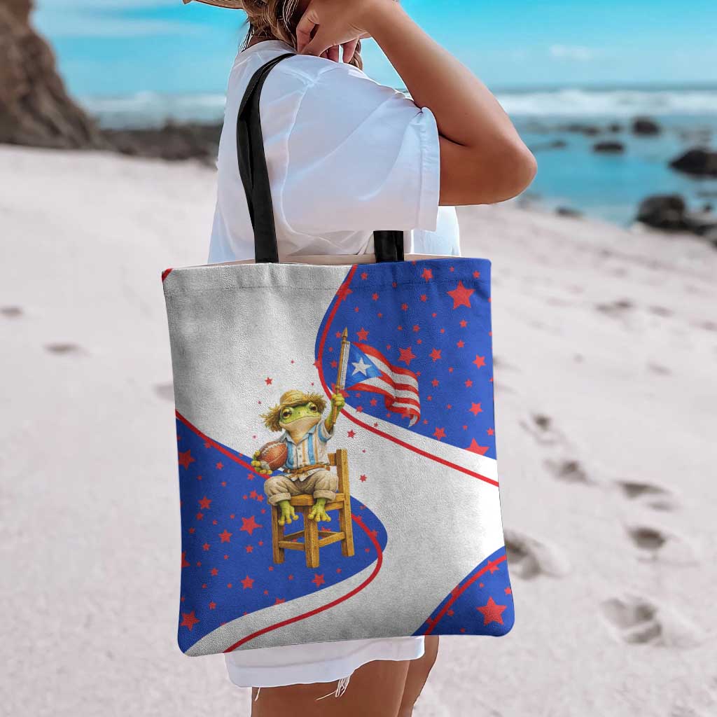 Puerto Rico Coquí Frog Football Fan Tote Bag Whimsical Cartoon Style with Patriotic Elements