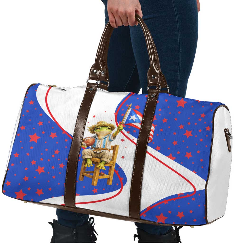 Puerto Rico Coquí Frog Football Fan Travel Bag Whimsical Cartoon Style with Patriotic Elements