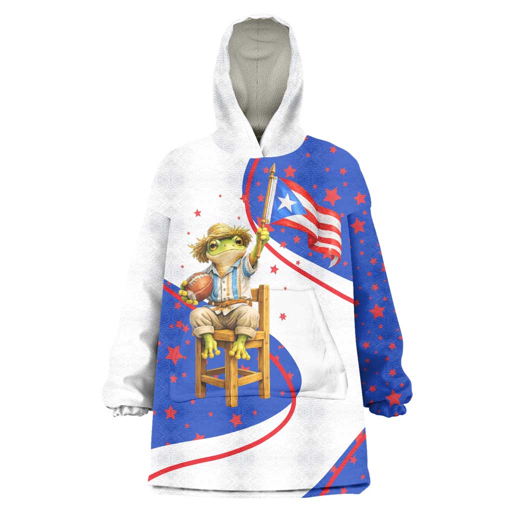 Puerto Rico Coquí Frog Football Fan Wearable Blanket Hoodie Whimsical Cartoon Style with Patriotic Elements