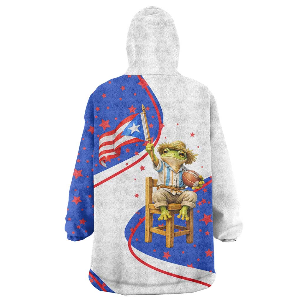 Puerto Rico Coquí Frog Football Fan Wearable Blanket Hoodie Whimsical Cartoon Style with Patriotic Elements