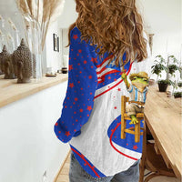 Puerto Rico Coquí Frog Football Fan Women Casual Shirt Whimsical Cartoon Style with Patriotic Elements